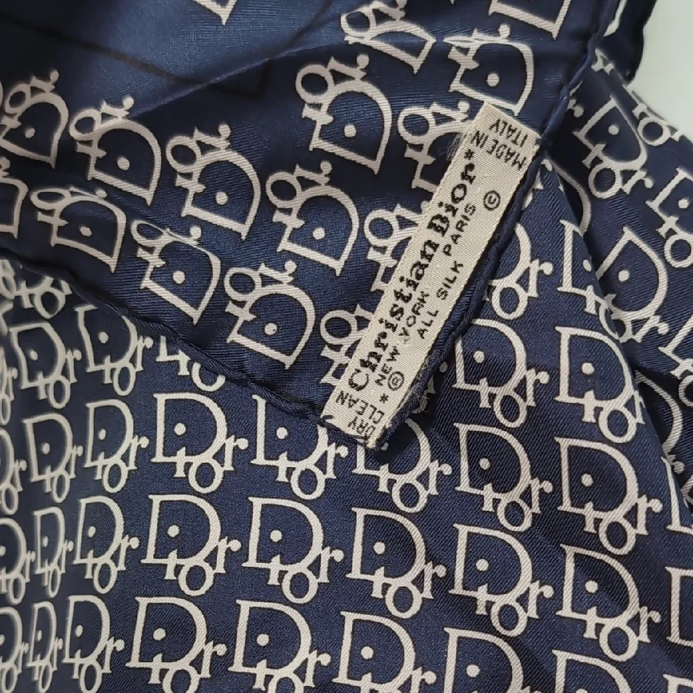Vintage Christian Dior Pure Silk Navy and White Monogram Print Scarf